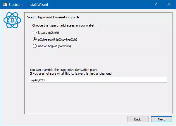 6. Select Address Type and Derivation Path
