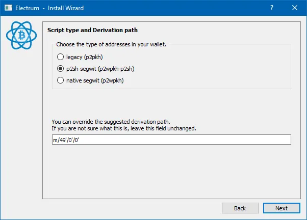 6. Select Address Type and Derivation Path