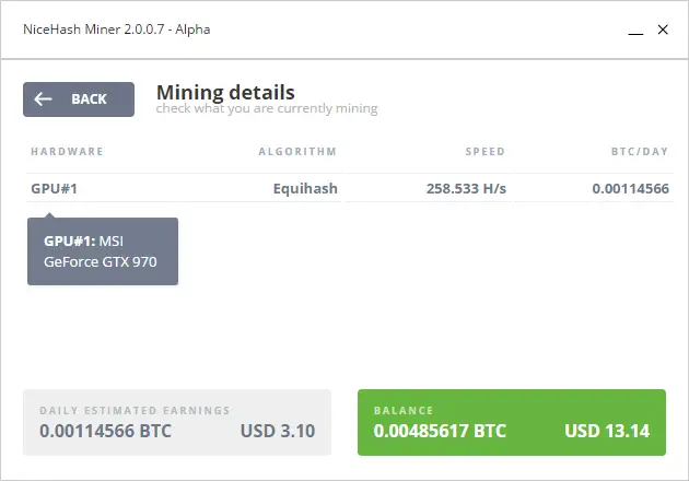 NiceHash 2.0 Mining Details