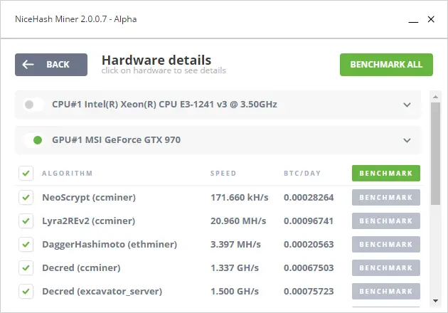 NiceHash 2.0 Benchmarks