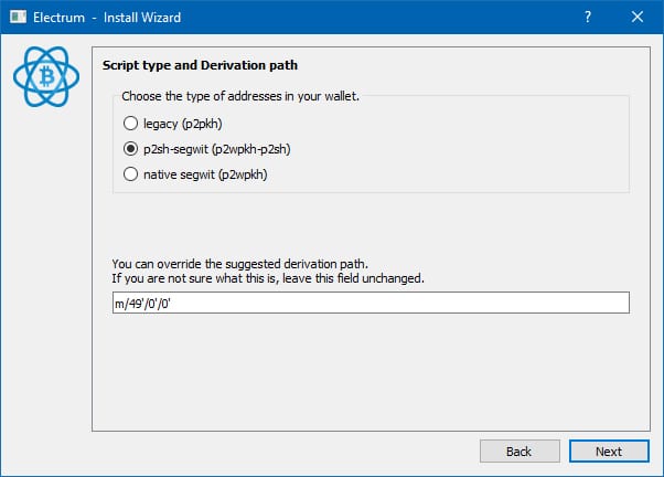 6. Select Address Type and Derivation Path