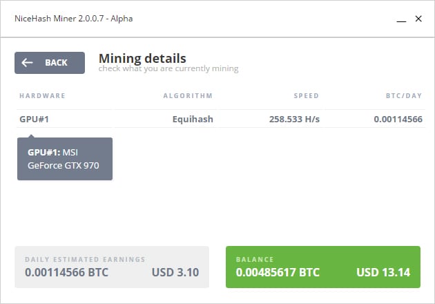 NiceHash 2.0 Mining Details