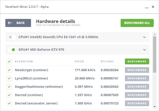NiceHash 2.0 Benchmarks